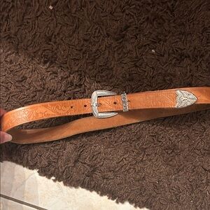 Tan Leather Western Style Belt with Silver Buckle - 2